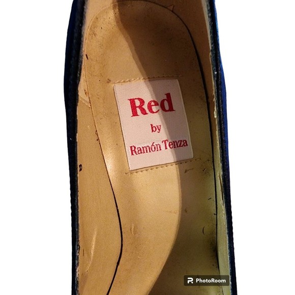 Vintage 80's Navy Pumps by Ramon Tenza RED Made in Spain Sz 8 Gold Cut Out Heel - Picture 8 of 8